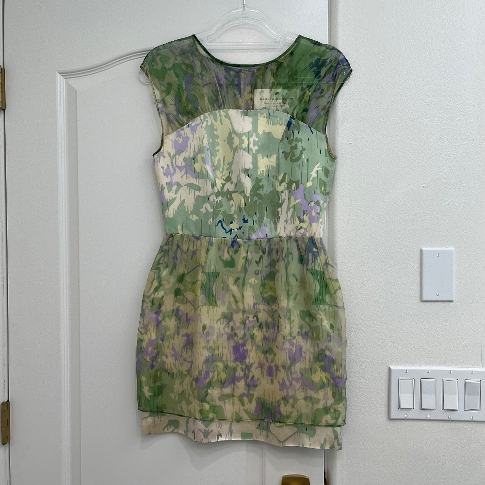 Timo Weiland Green Watercolor Mini Dress with Sheer Details - Size 2